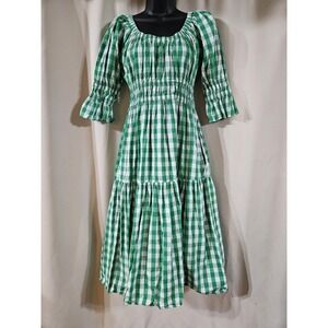 KITRI Margot Green White Gingham Check Midi Dress Smocked Puff Sleeve Womens 6